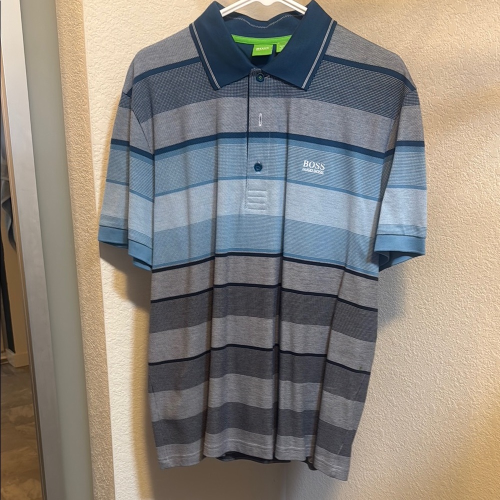 BOSS Men's Blue Striped Polo Shirt